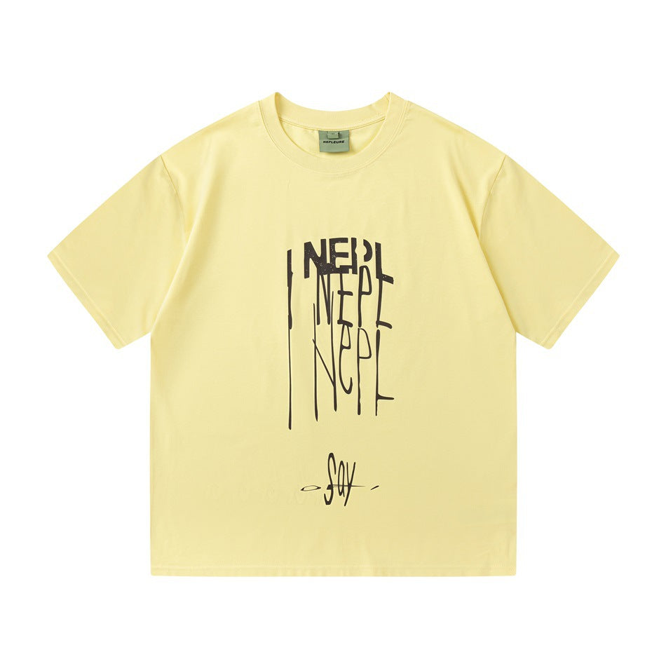 Pale yellow short-sleeve crew-neck T-shirt with dark brown drippy stacked lettering print on the front