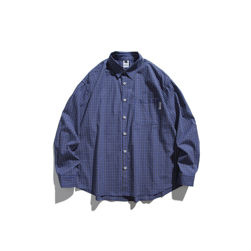 Blue small-check long-sleeve button-up shirt laid flat, with chest pocket and white buttons