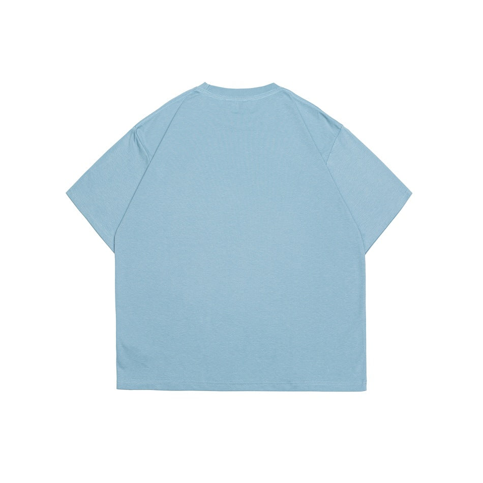 Back view of a plain light blue short-sleeve crew-neck T-shirt.