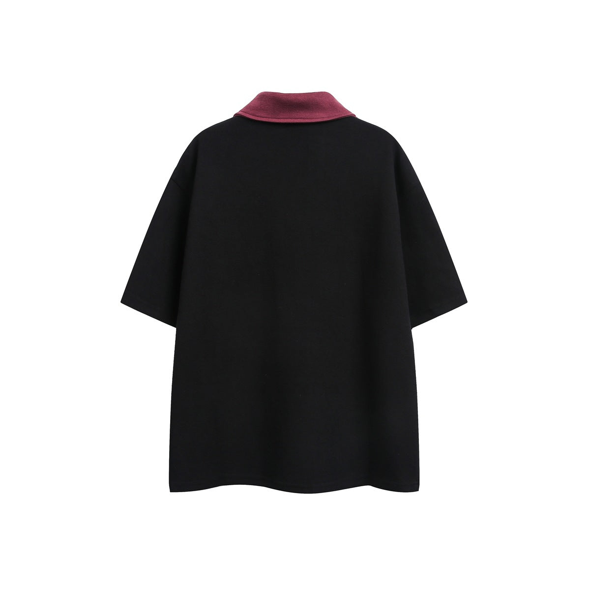 Back view of a black short-sleeve polo shirt with a burgundy collar.