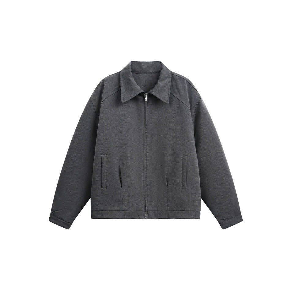 Gray zip-front jacket with turn-down collar and front pockets, flat lay on white background