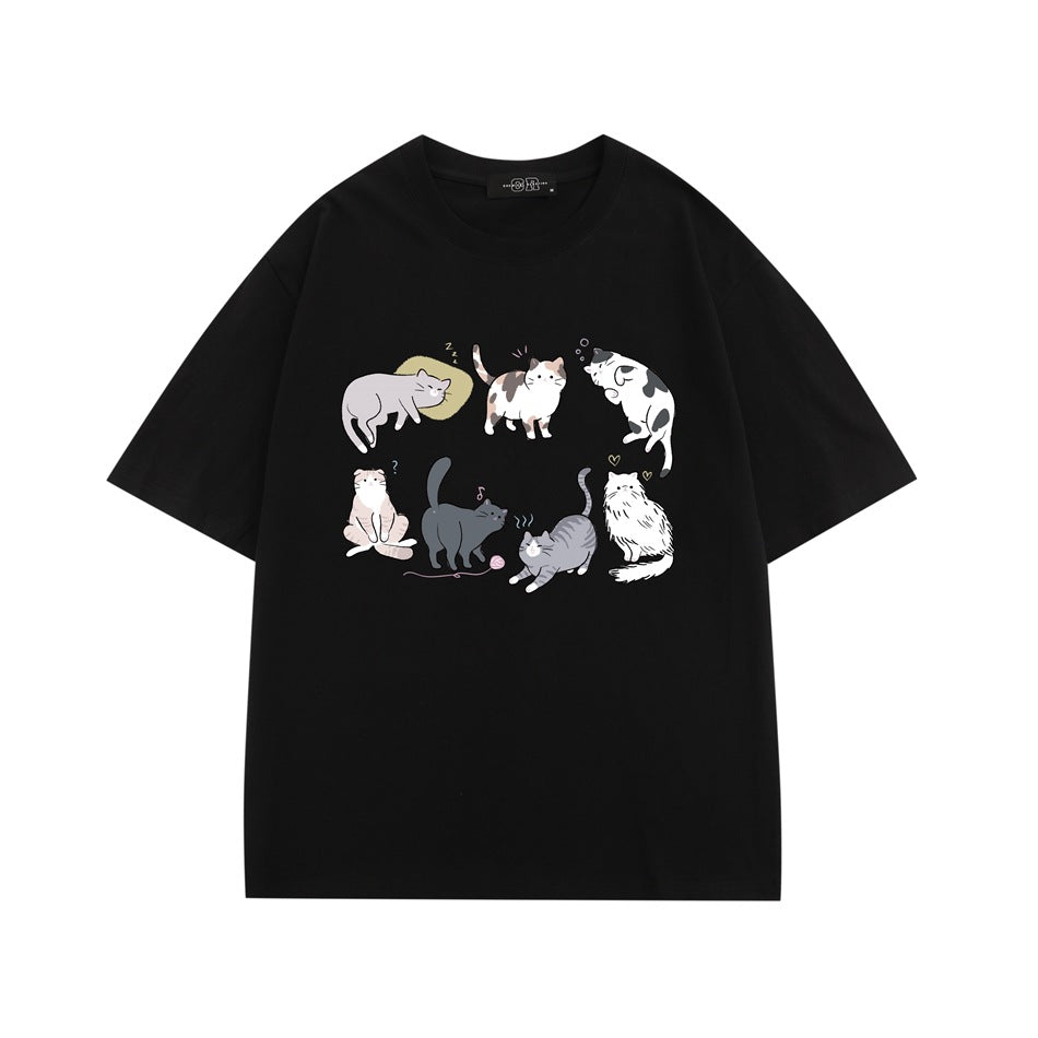 Black short-sleeve crew-neck T-shirt with a front graphic of seven illustrated cats in various poses