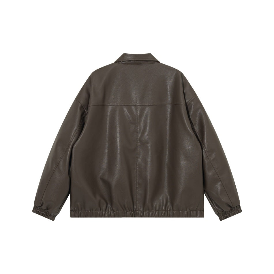 Back view of a dark brown jacket with a pointed collar, long sleeves, and gathered cuffs and hem.