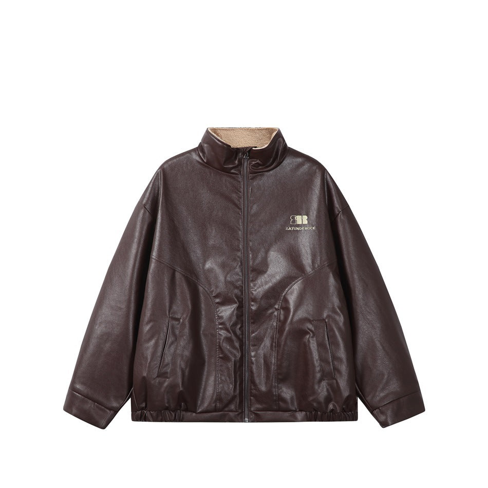 Reddish brown faux-leather-look zip jacket with stand collar, beige fleece-like collar lining and chest logo, front view