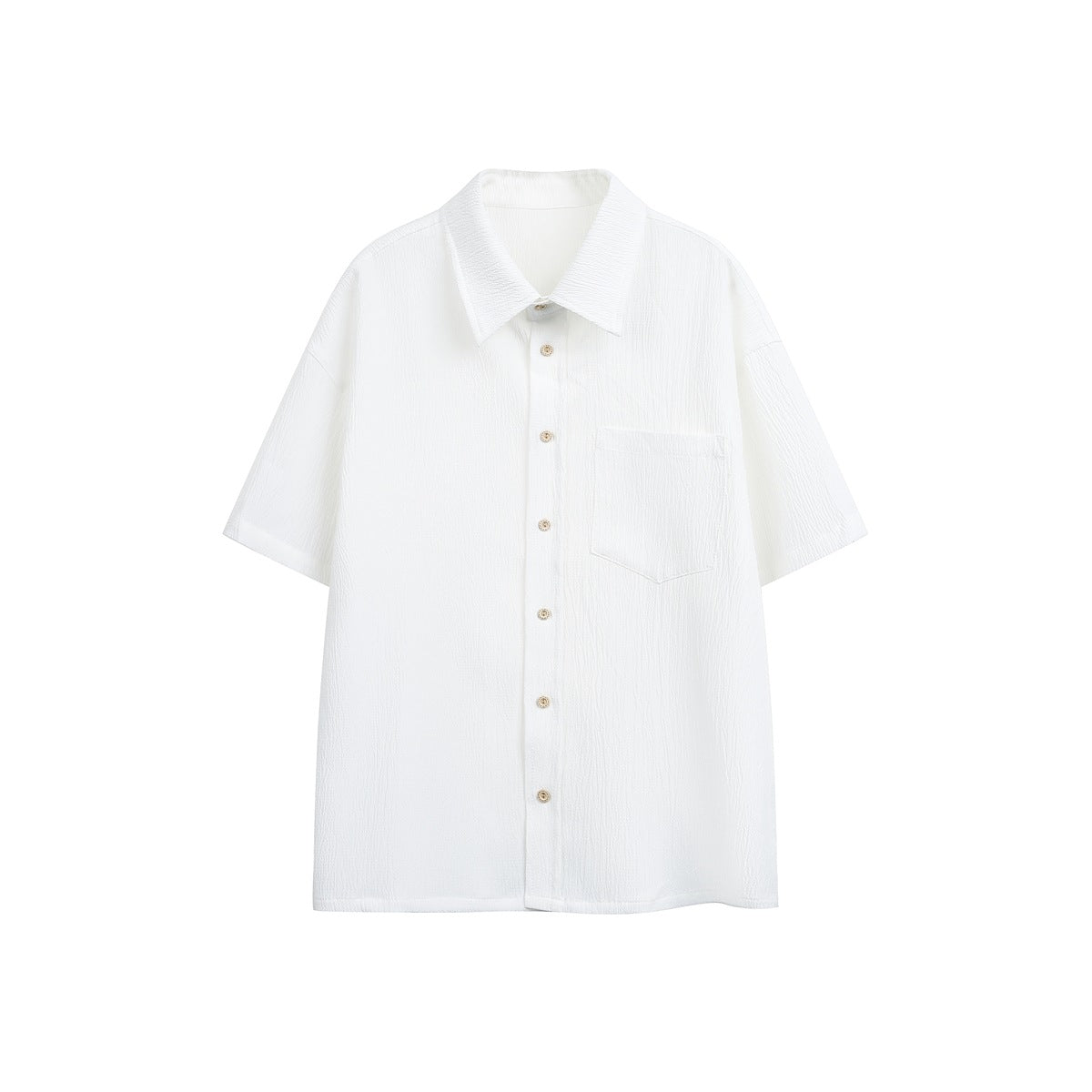 White textured short-sleeve button-up shirt with chest pocket, flat front view on white background