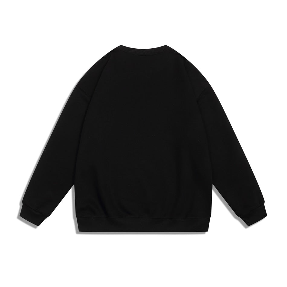 Back view of a plain black crewneck sweatshirt with long sleeves and ribbed cuffs and hem.