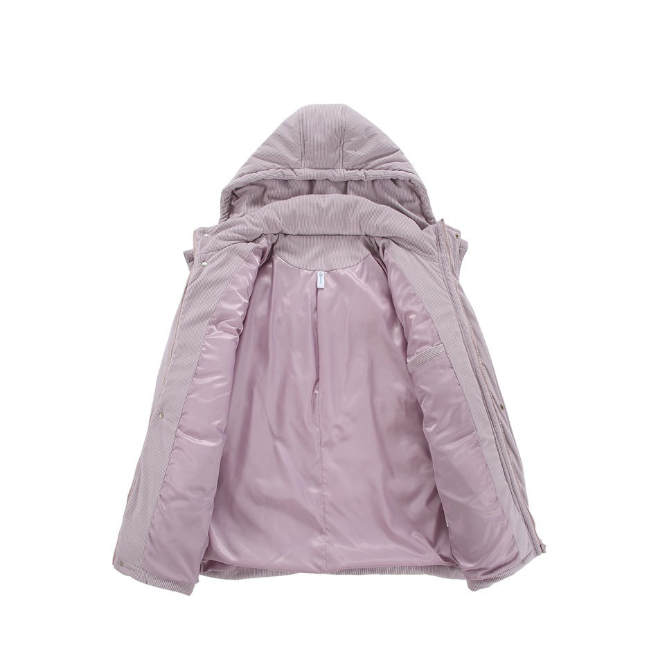 Pale pink hooded jacket opened flat to show its smooth pink lining, hood, and front closure.