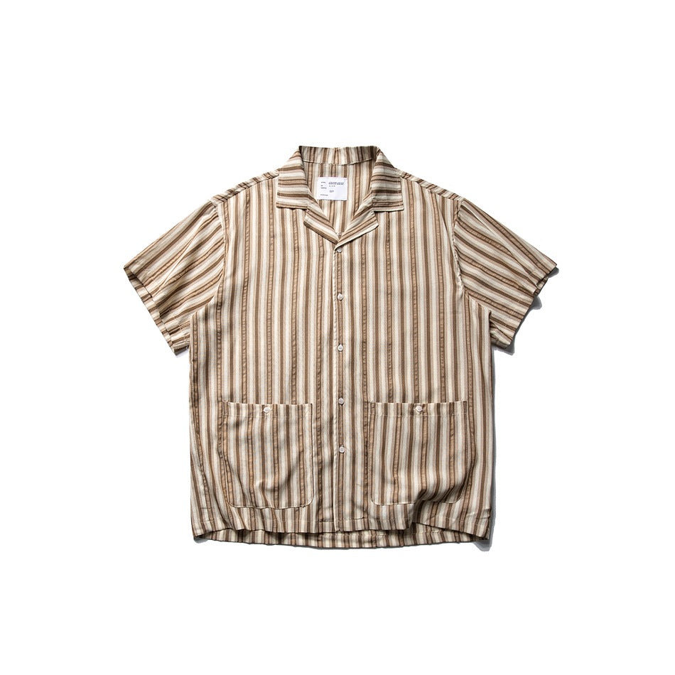Brown and cream vertical-striped short-sleeve camp collar shirt with two front patch pockets, flat lay