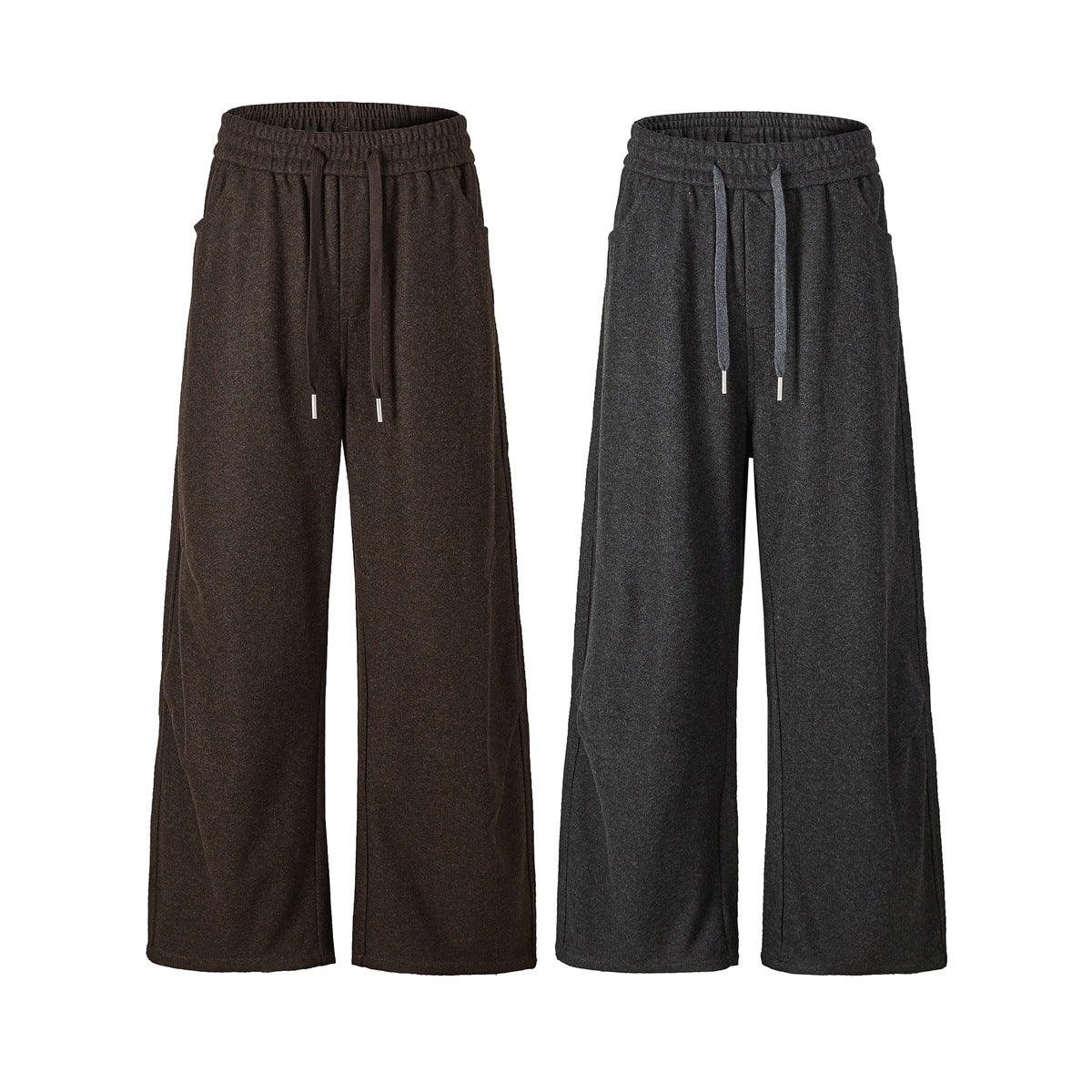 Front view of wide-leg drawstring pants in brown and charcoal, shown side by side.