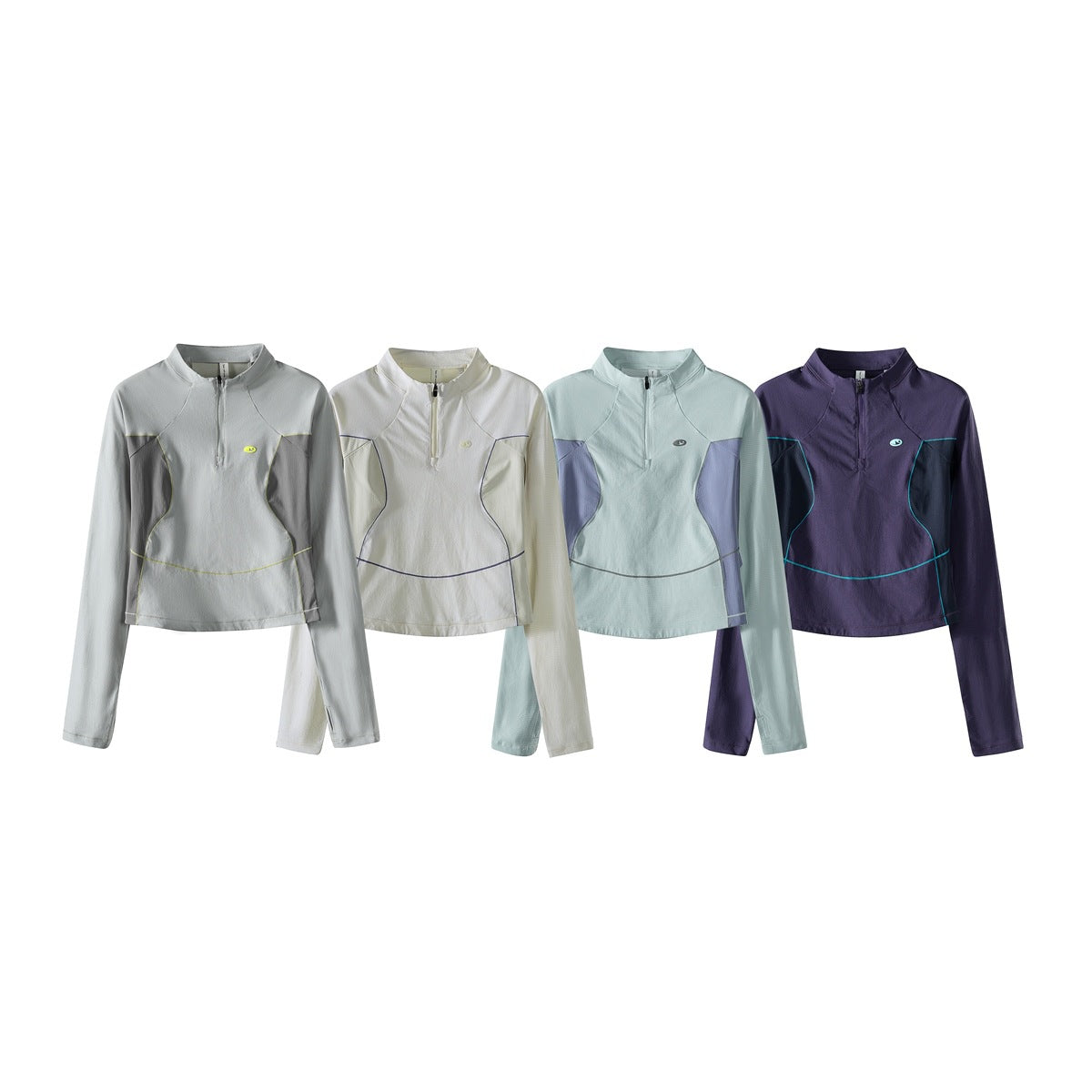 Four long-sleeve quarter-zip tops shown in gray, off-white, pale aqua, and purple colorways.