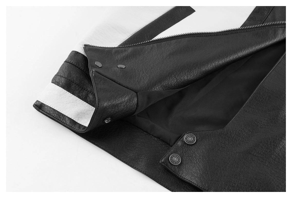Close-up of the jacket's front zipper, snap fasteners, black lining, and white sleeve stripe.