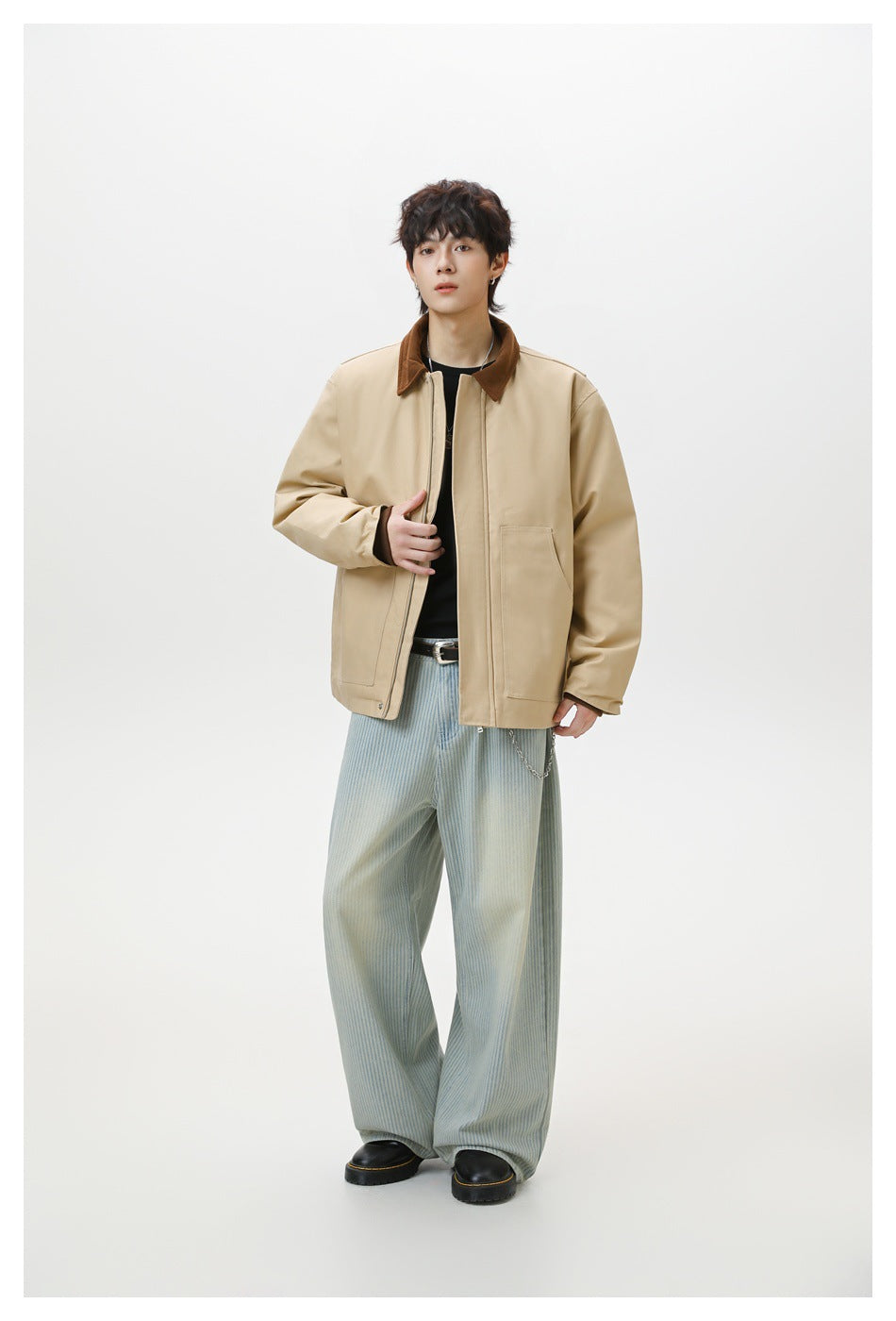 Full-length model wearing a beige jacket with a brown collar, front zipper, and patch pockets.