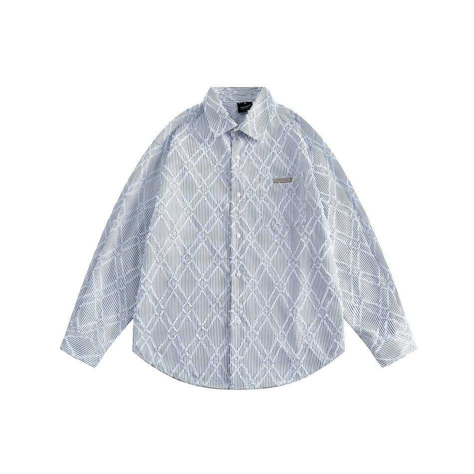 Light blue pinstripe long-sleeve button-up shirt with diamond lattice pattern, flat lay front view