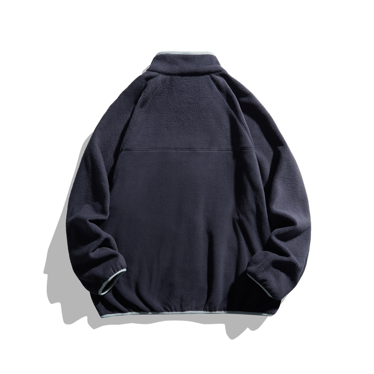 Back view of a dark navy stand-collar fleece jacket with long sleeves and a horizontal upper-back seam.