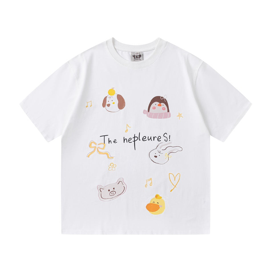 White short-sleeve crew neck T-shirt with cartoon animal faces, bow and music notes printed on the front