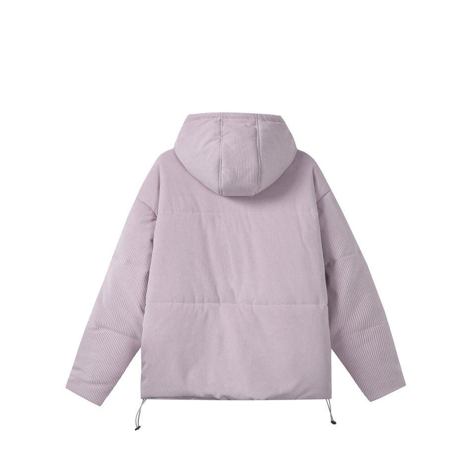 Back view of a pale pink hooded jacket laid flat, with paneled sleeves and adjustable hem cords.
