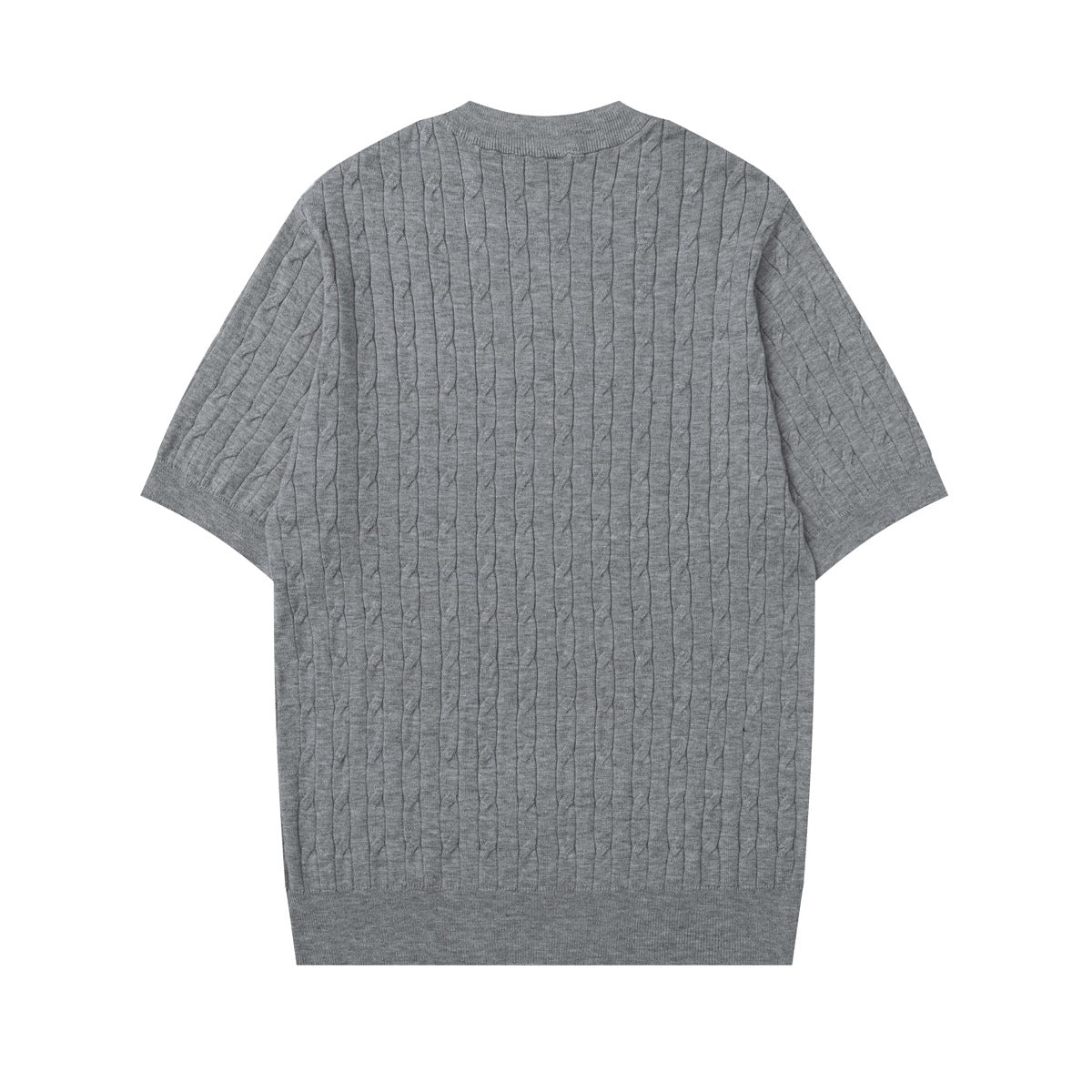 Back view of a gray short-sleeve cable-knit top with a crew neck and ribbed trim.