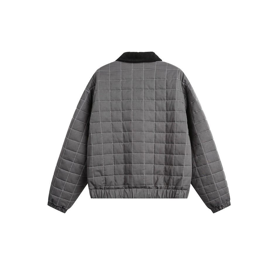 Back view of a gray quilted jacket with white grid stitching and a black collar.
