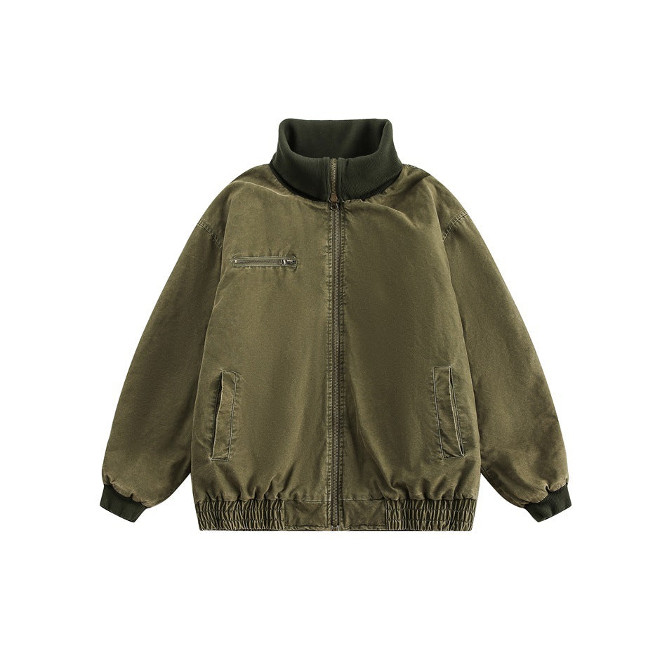Olive green zip-front jacket with dark green ribbed stand collar and cuffs, chest zip pocket and elastic hem