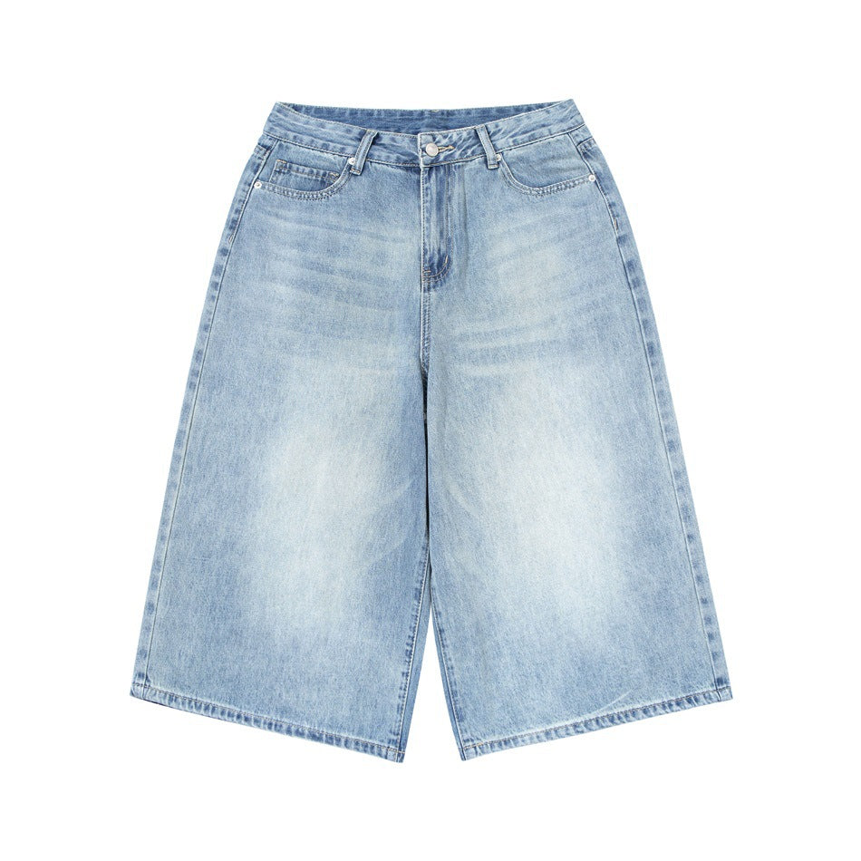 Light blue faded wide-leg cropped denim pants, flat front view on white background