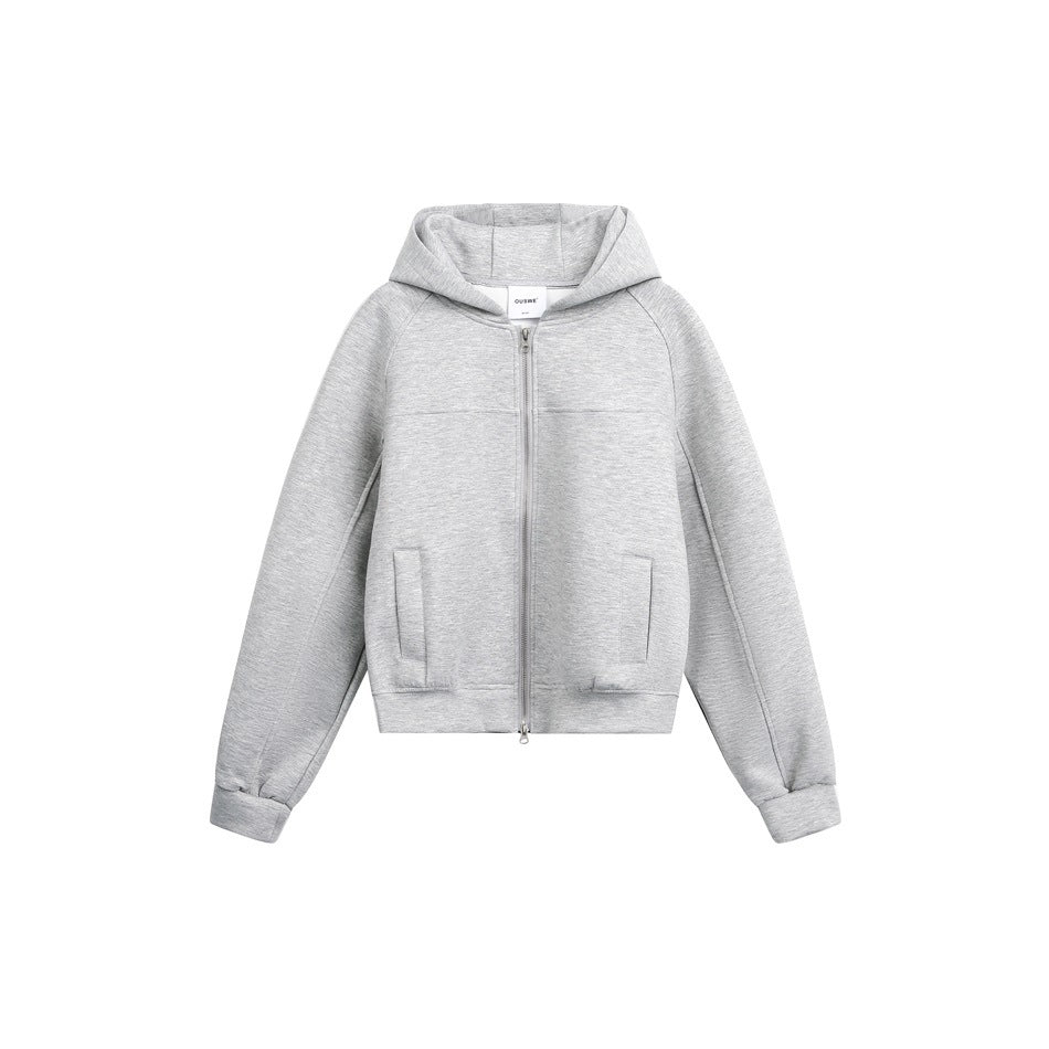 Light heather gray zip-up hooded jacket with raglan sleeves, front pockets and ribbed hem, flat front view