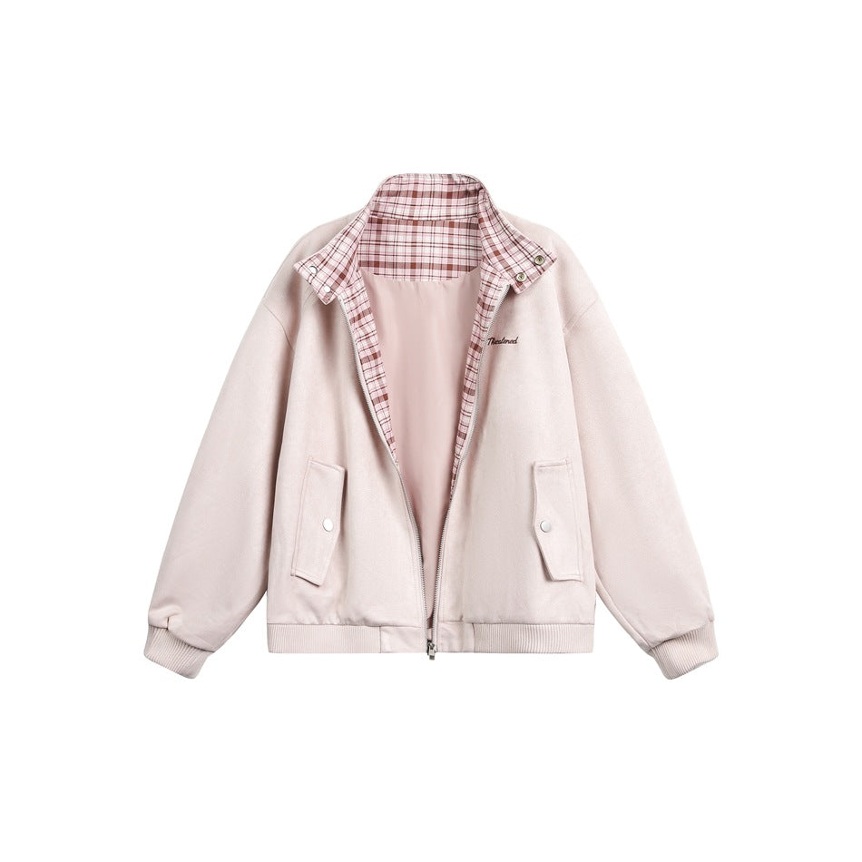 Pale blush zip-front jacket shown open, with pink plaid lining, flap pockets, and ribbed cuffs and hem.