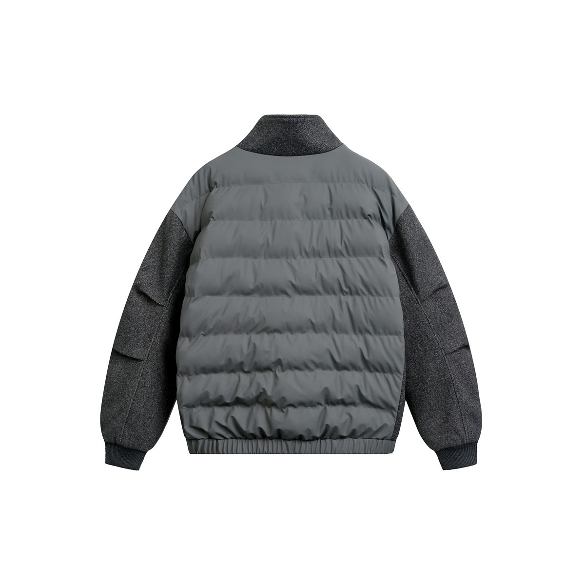 Back view of a gray quilted jacket with dark charcoal sleeves, a stand collar, ribbed cuffs and hem.