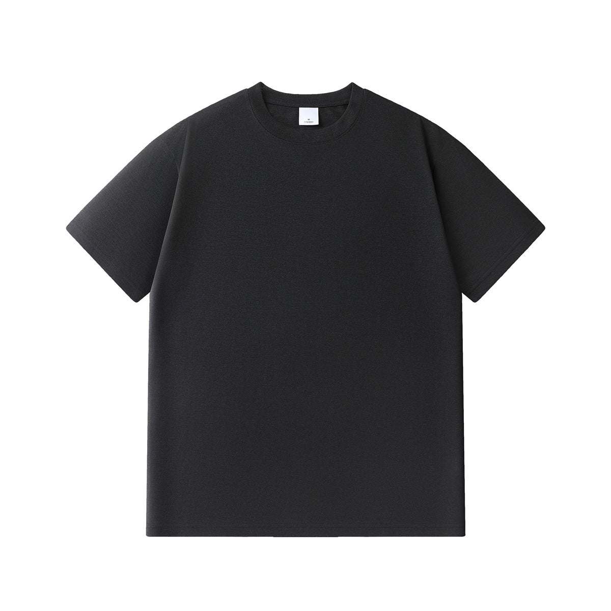 Black short-sleeve crew-neck T-shirt laid flat, front view, with ribbed collar and dropped shoulders