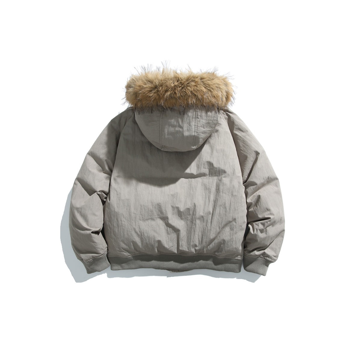 Back view of a light gray hooded jacket with tan faux-fur trim and ribbed cuffs and hem.