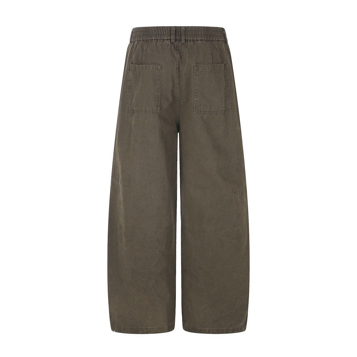 Rear view of dark olive wide-leg pants with an elasticated waistband and two back patch pockets.