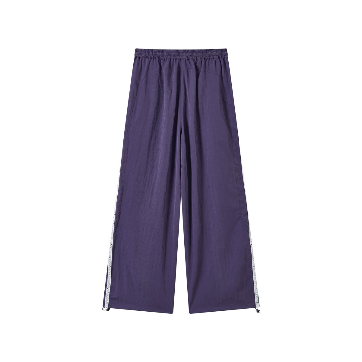 Back view of purple wide-leg pants with an elastic waistband and narrow white lace side stripes.