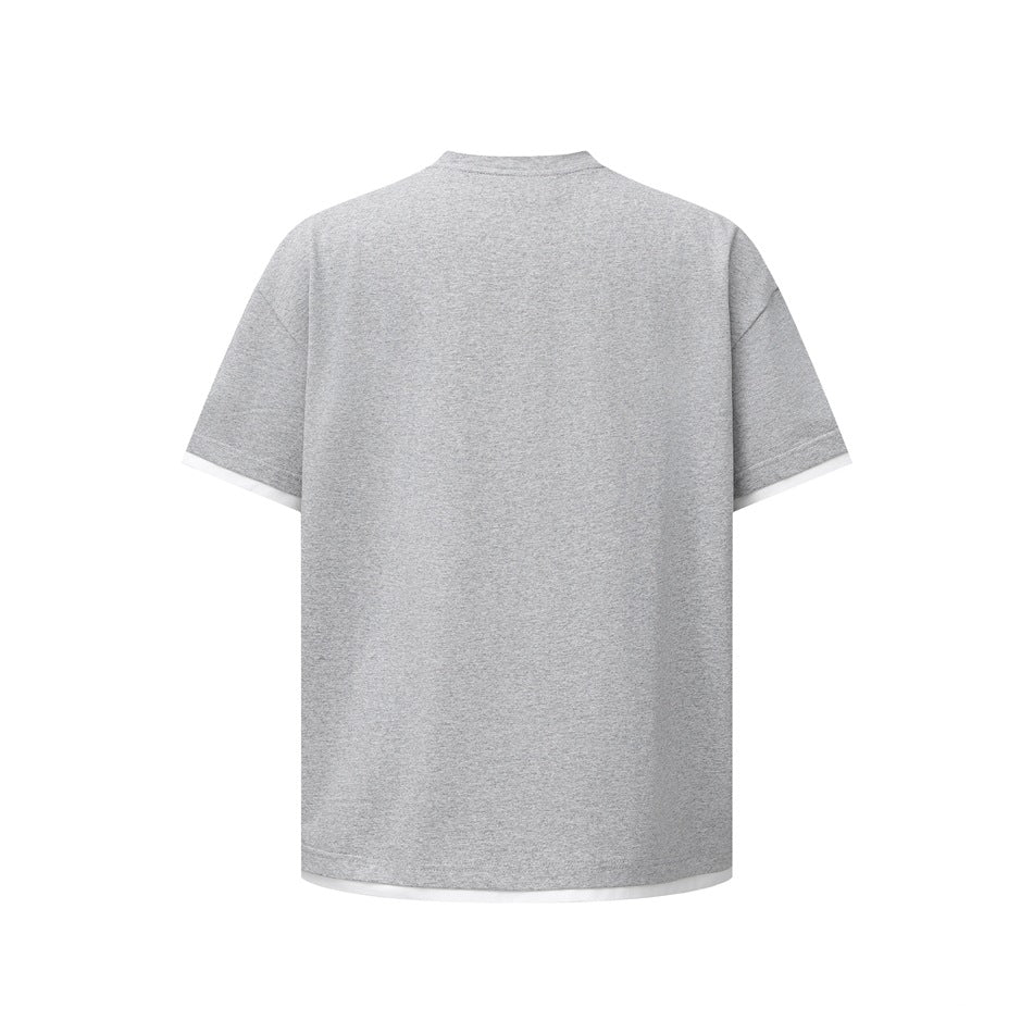 Back view of a heather-gray short-sleeve T-shirt with white contrast trim at the cuffs and hem.