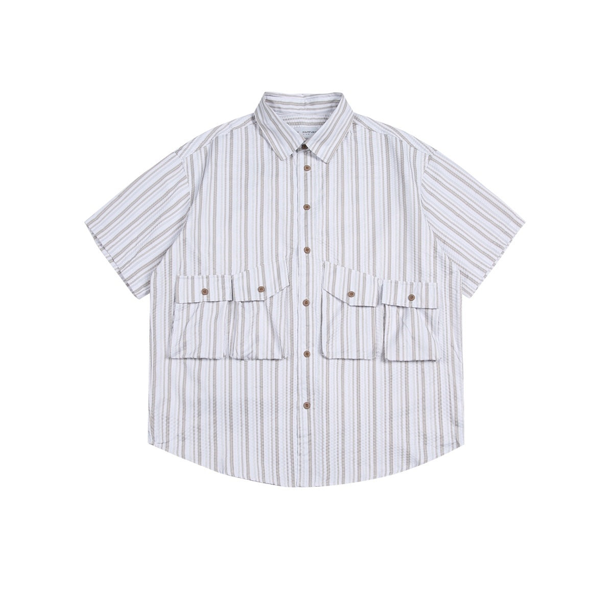 White short-sleeve shirt with beige and blue-gray vertical stripes, four flap pockets and brown buttons, flat lay