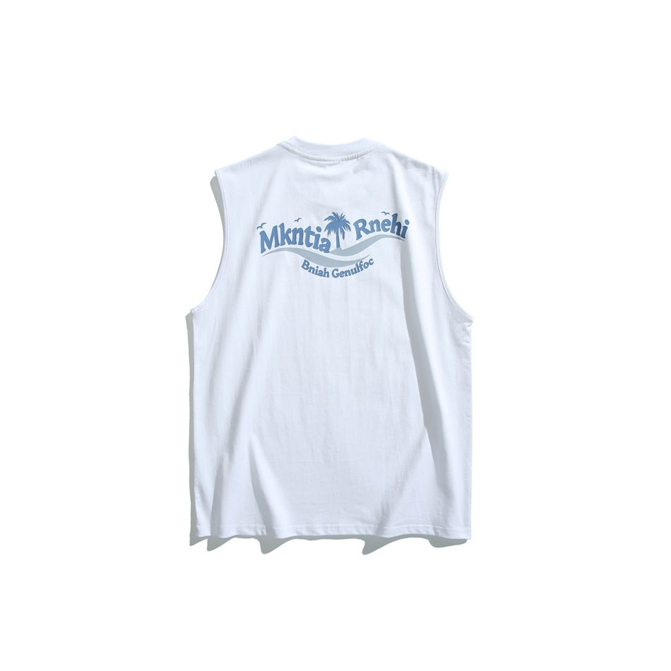 White sleeveless crew-neck tank top, back view with blue palm tree and wave graphic print