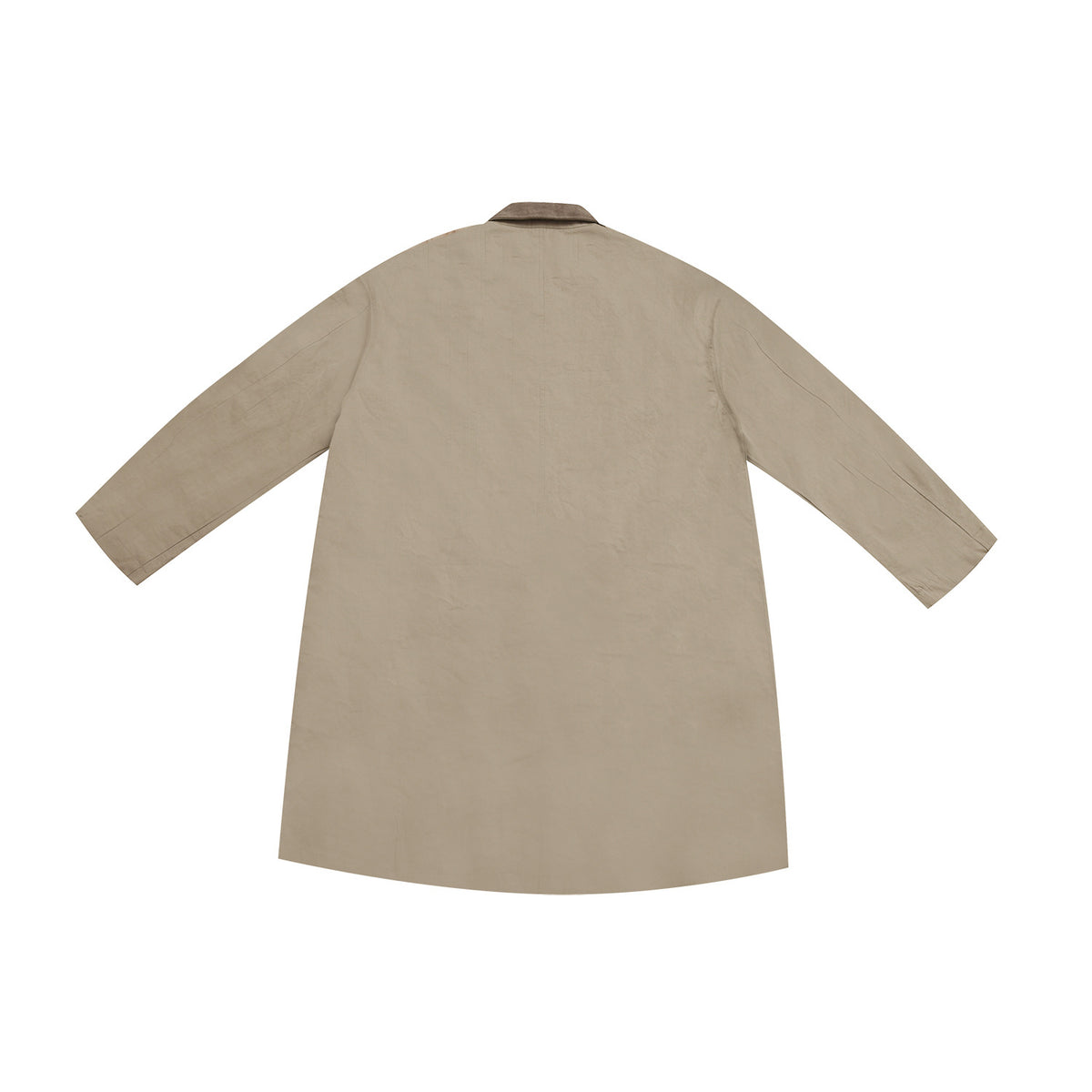 Back view of a long beige coat laid flat, with a brown collar and wide sleeves.