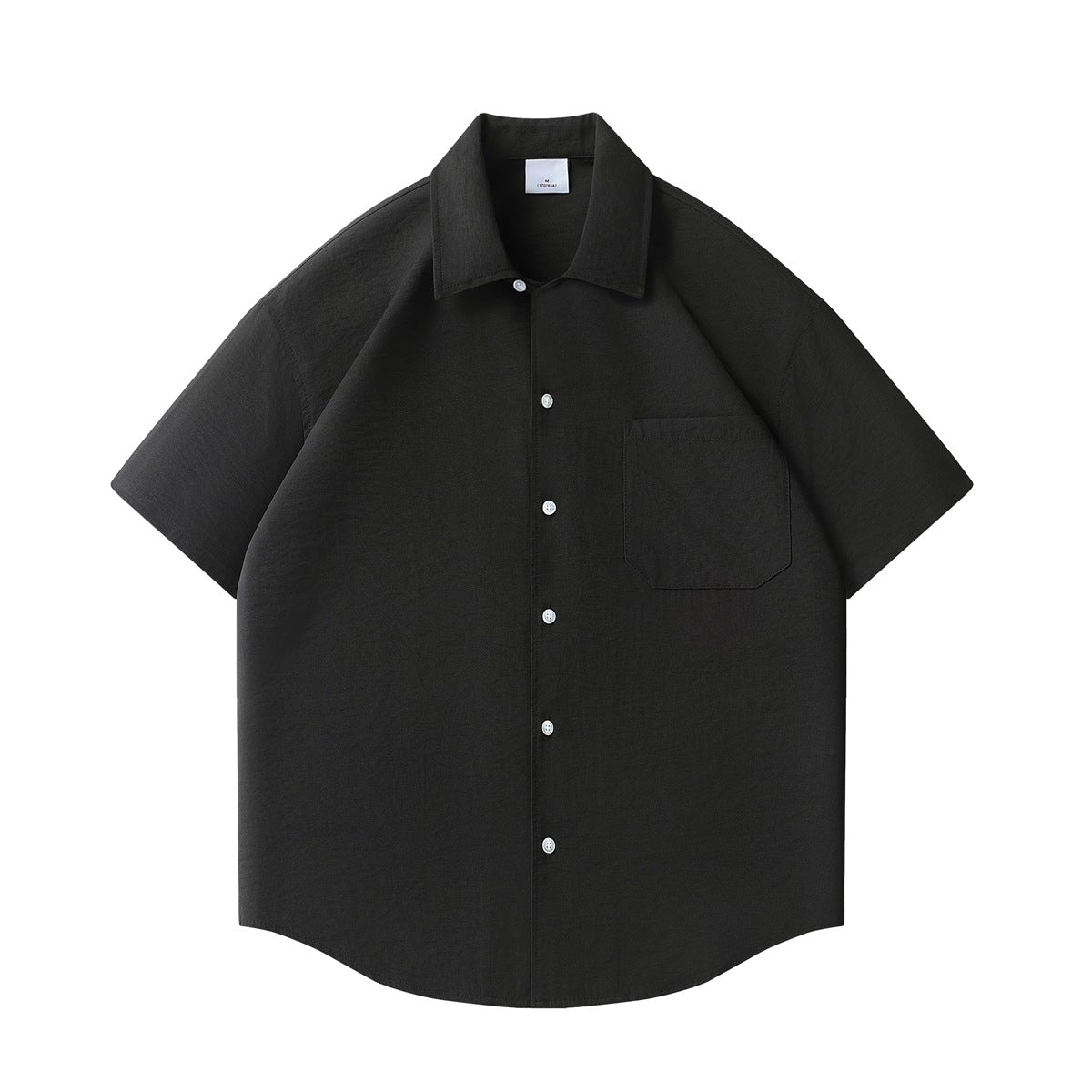 Black short-sleeve button-up shirt with point collar and chest pocket, flat front view
