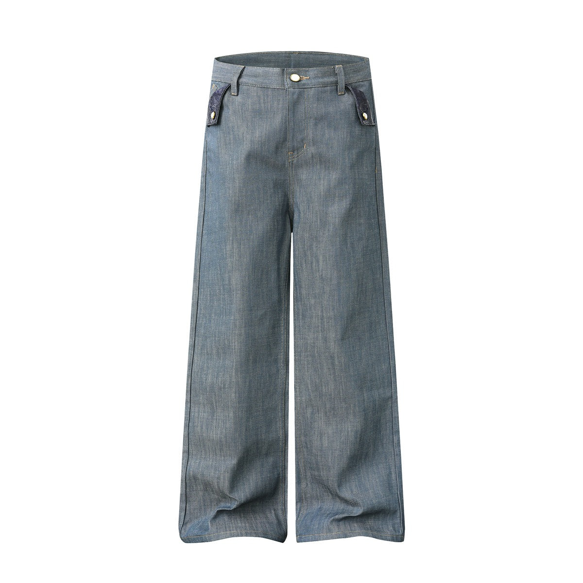 Flat front view of wide-leg blue-green denim jeans with gold button, belt loops and navy patch tabs at the waist