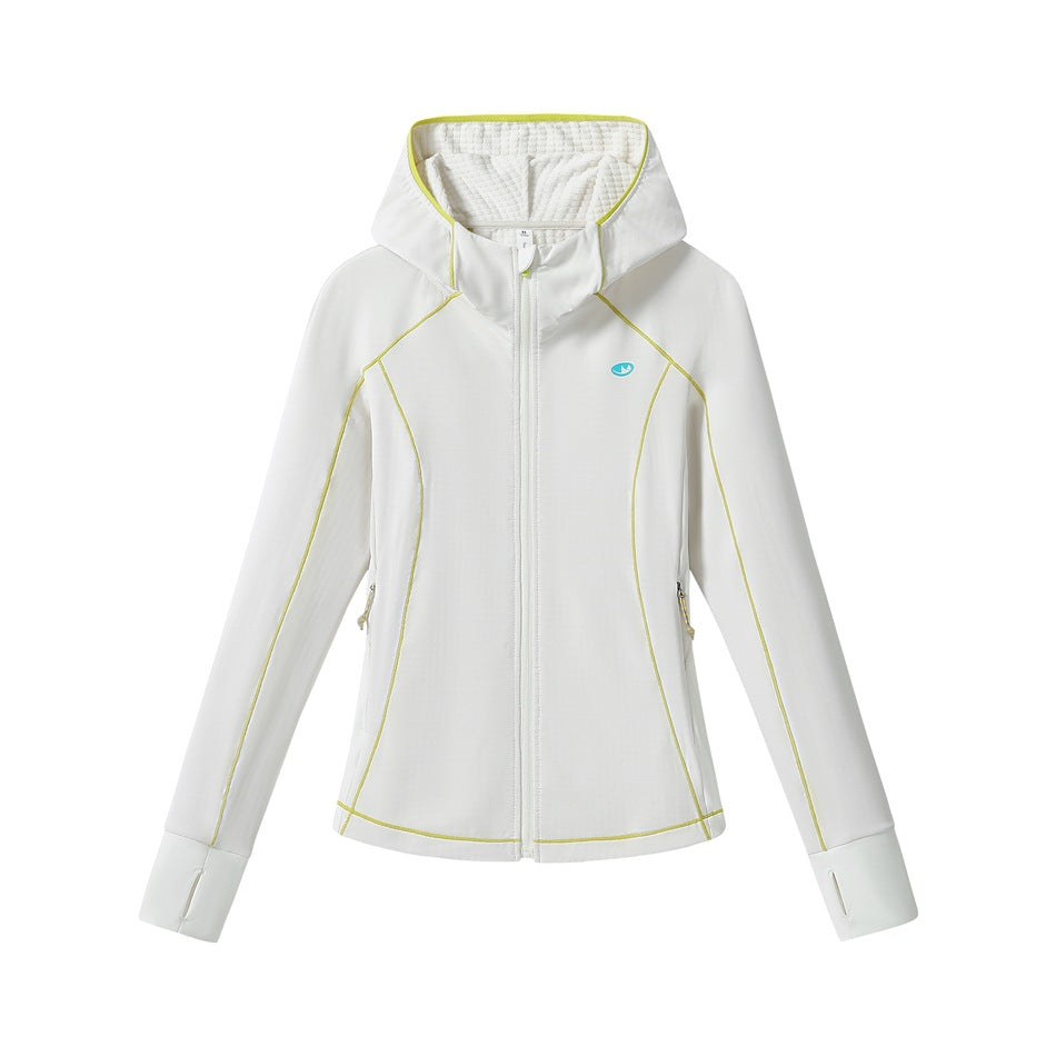 Creamy white full-zip hooded jacket with lime-yellow topstitching and thumbhole cuffs, flat front view