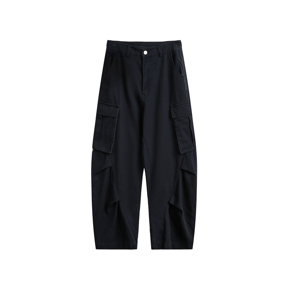 Navy wide-leg cargo pants, front flat view with large flap pockets and pleated diagonal seams