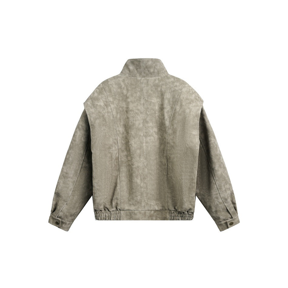 Back view of an olive-gray jacket with a stand collar, curved seam panels, and an elasticized hem.