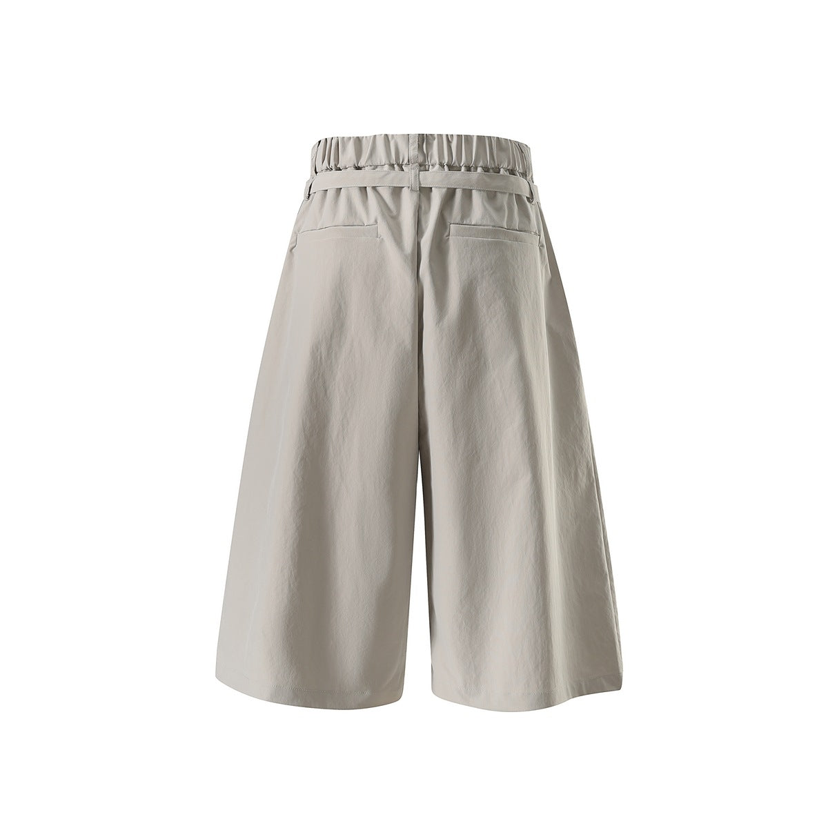 Back view of light beige wide-leg cropped trousers with a gathered waistband, belt loops and two rear pockets.