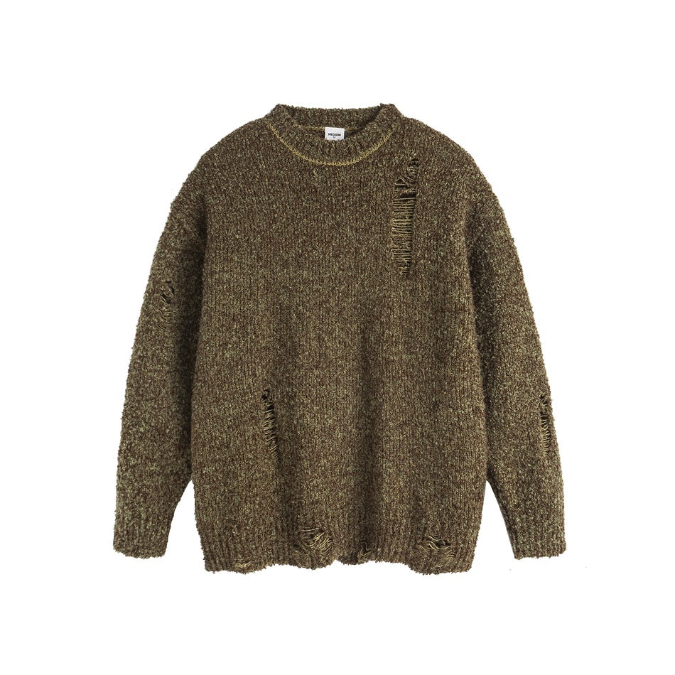Army green melange knit crew-neck sweater flat lay with distressed holes and yellow-green neckline stitching