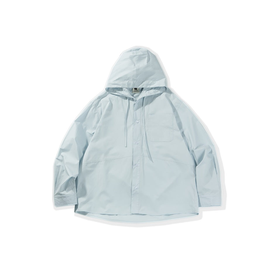 Light blue hooded button-front shirt with chest pocket and drawcords, flat lay front view