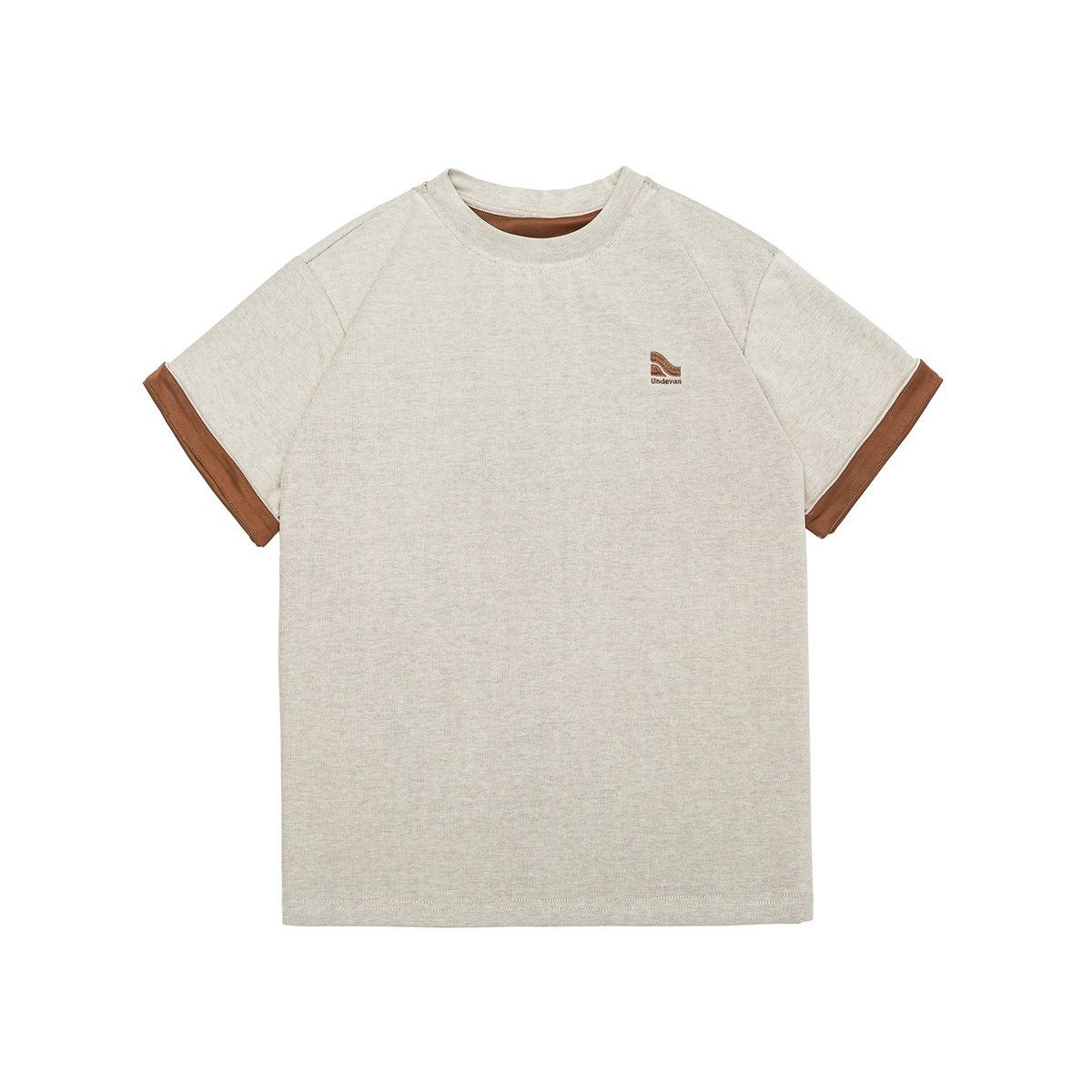 Light oatmeal short-sleeve crew-neck tee with brown turned-up cuffs, brown inner neckline and small brown chest embroidery