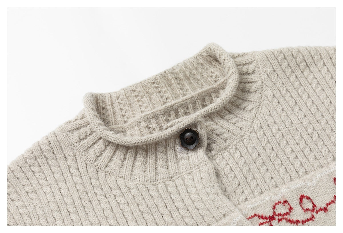 Close-up of a cream knitted cardigan collar, ribbed neckline, and dark flower-shaped button.