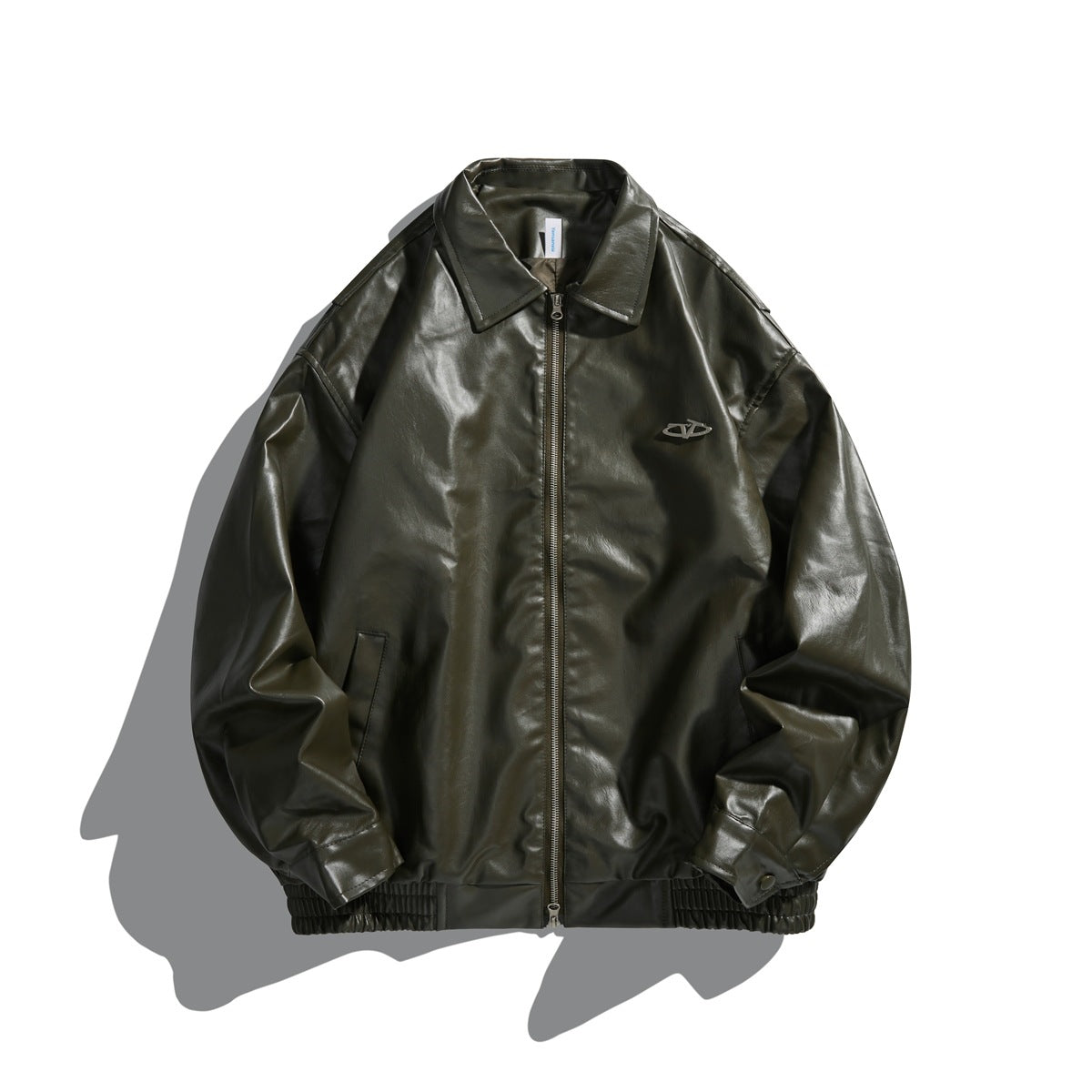 Dark green glossy faux-leather-look zip jacket with collar, welt pockets and elastic hem, flat front view