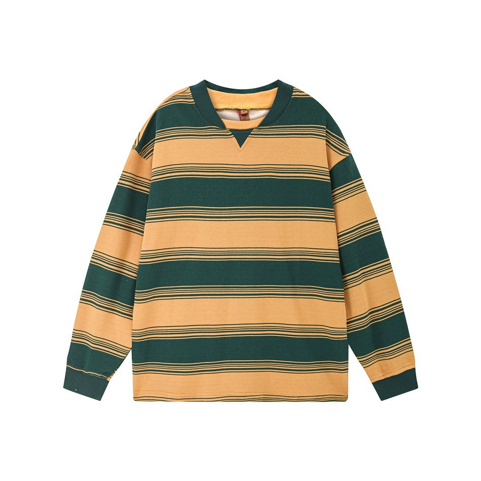 Flat-lay front of a crew-neck sweatshirt with wide mustard yellow and dark green stripes and ribbed cuffs