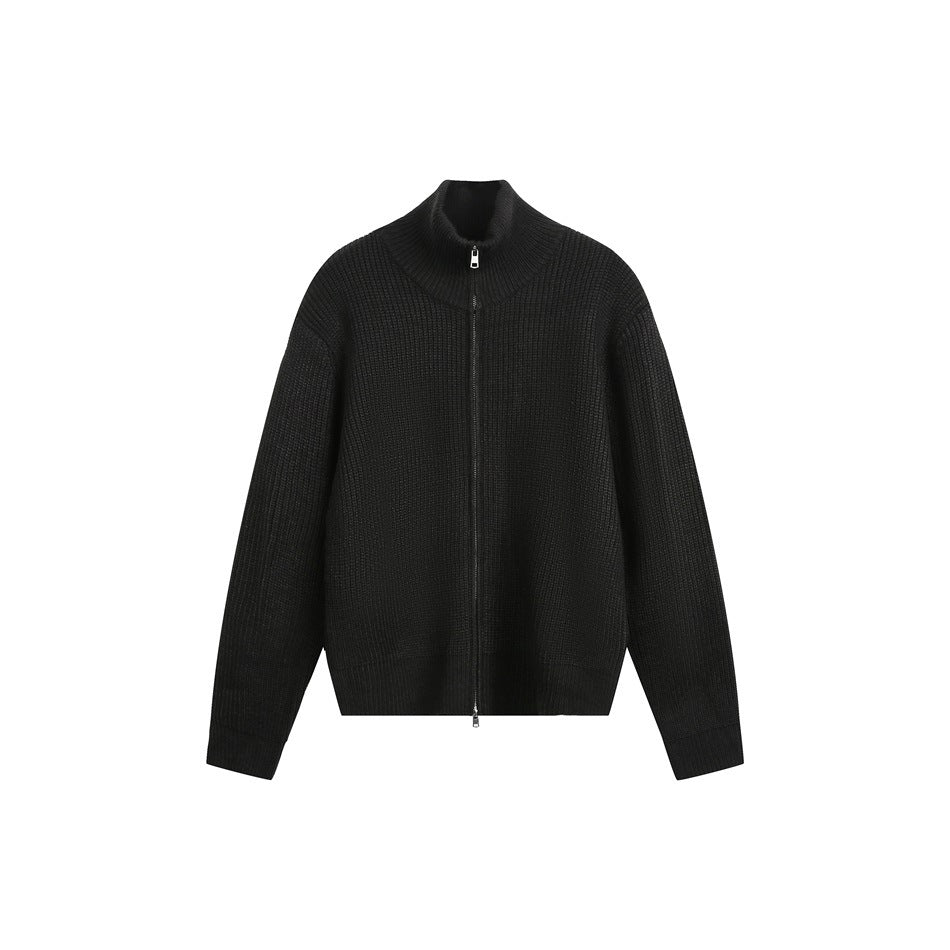 Black rib-knit zip-up sweater with stand collar and full-length front zipper, flat front view
