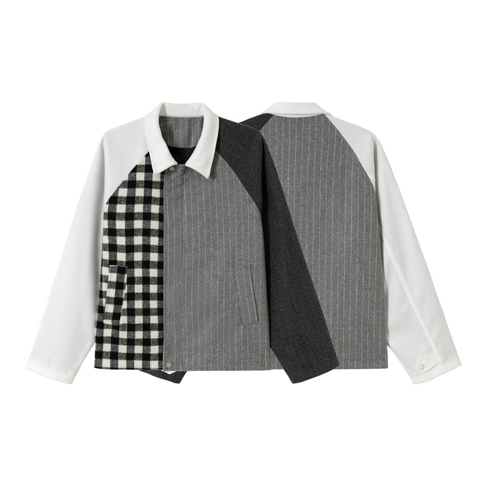 Patchwork jacket shown from front and back, with white sleeves, a check front panel, gray pinstripes and a dark panel.
