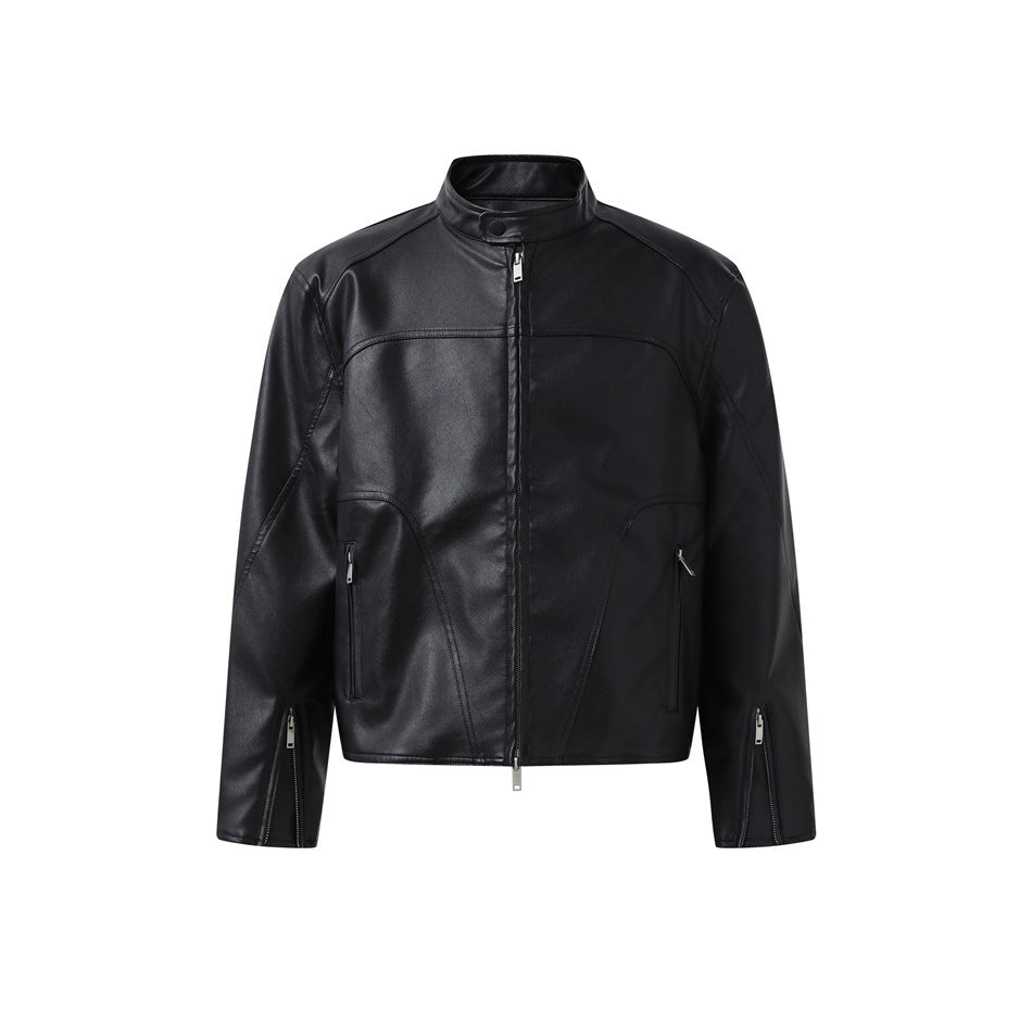 Black faux-leather stand-collar zip jacket, front view, with zippered pockets and cuffs